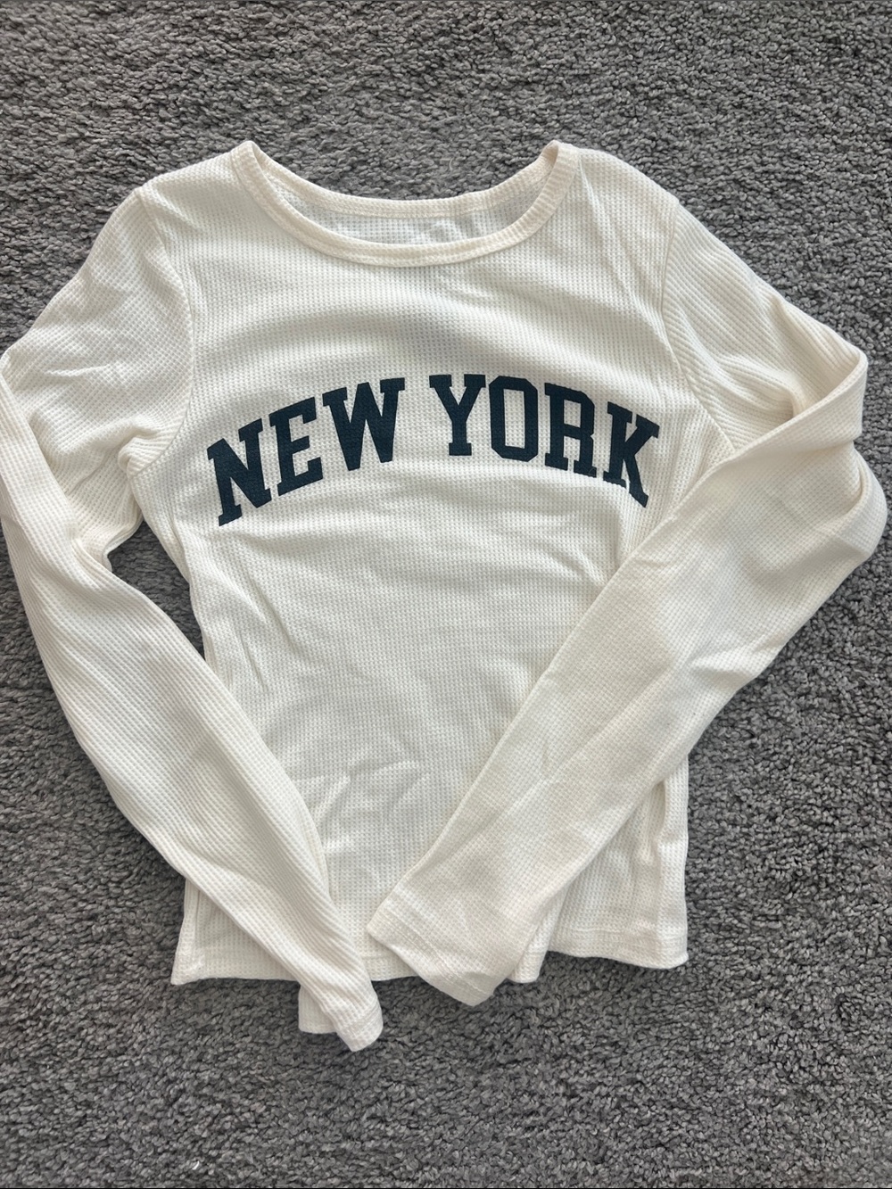 Cream Long Sleeve 'NEW YORK' Waffle Knit Top, size Small